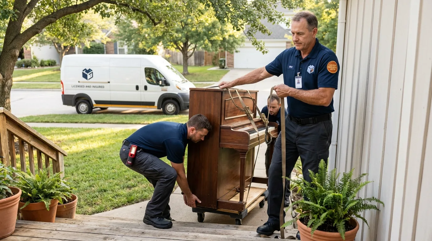 Licensed piano movers securing grand piano in Maynard, MA