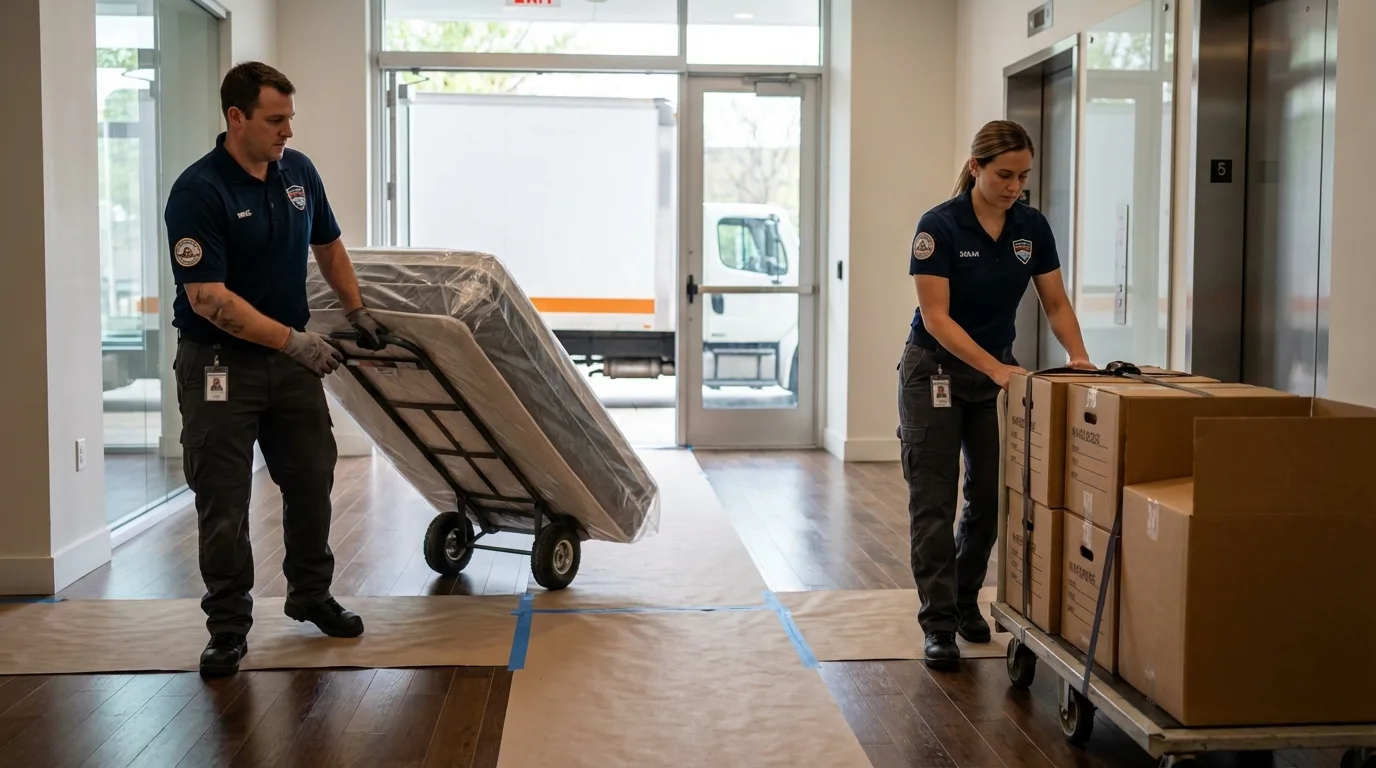 Professional apartment movers loading elevator in Maynard, MA